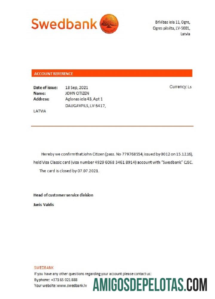 Referência de fechamento do Swedbank na Letônia exemplo